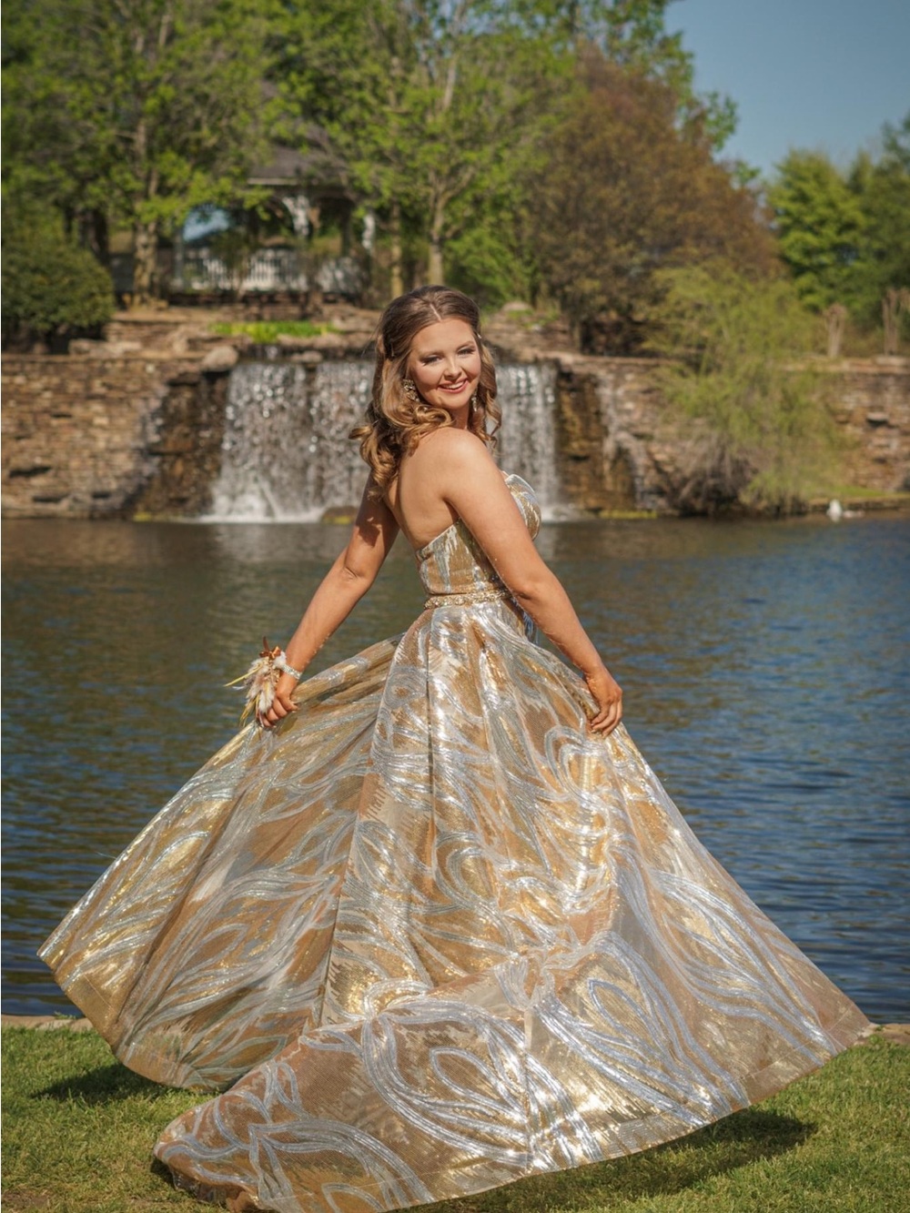 Strapless Gold & Silver Swirl Ball Gown Dress